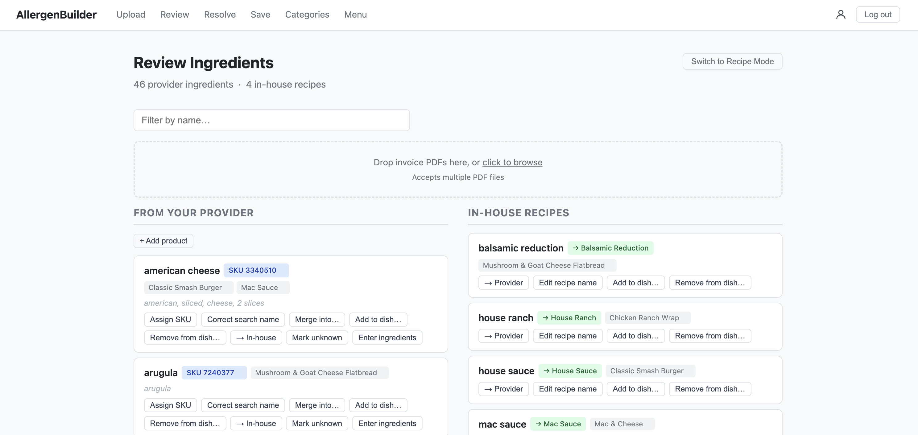 Allergen review interface